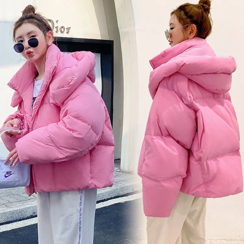 

Short Hooded Coat Thick Warm Winter Jacket Women Casual Loose Stand Collar Oversize Outerwear Fmeale Solid Parka