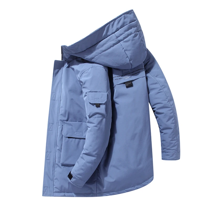 New autumn and winter men's casual youth coat, medium length down jacket, hooded fashion label, thickened for warmth