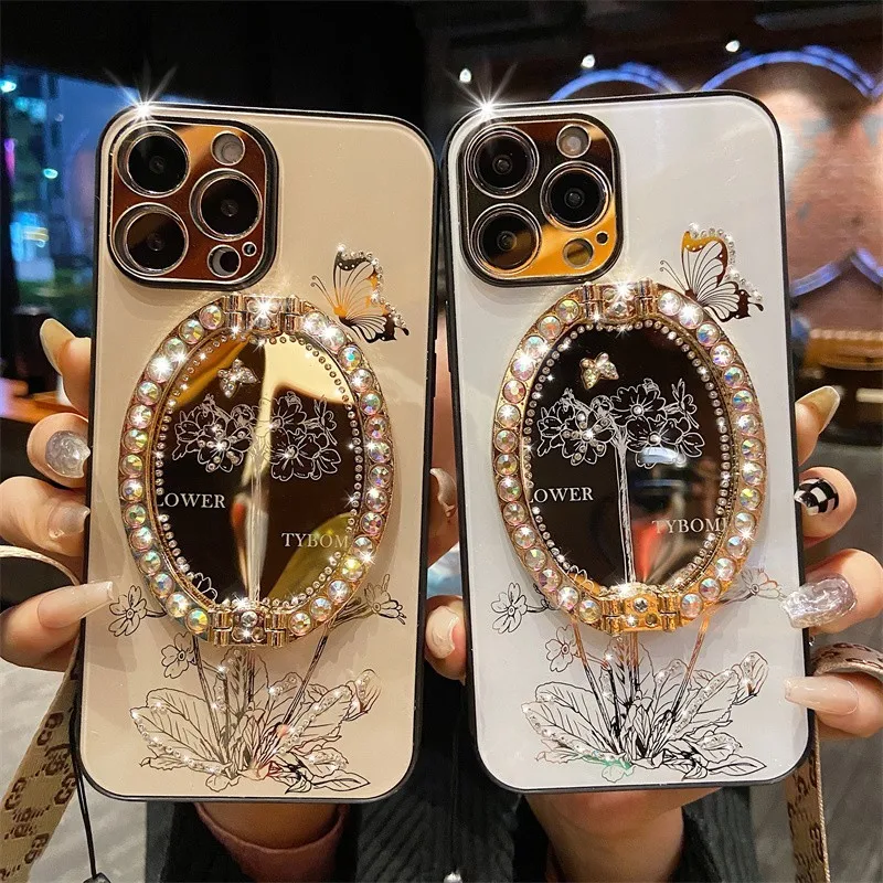 

Luxury Diamond Butterfly Mirror Folding Stand Case For Iphone 11 12 13 Pro Max Retro Flowers Lanyard Glitter Acrylic Back Cover