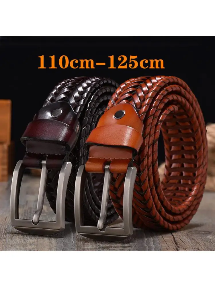 110-125CM Width 4cm Cowhide Men Retro Belt Hand Woven Korean Fashion Breathable Needle Buckle Trouser Casual Pants Jeans