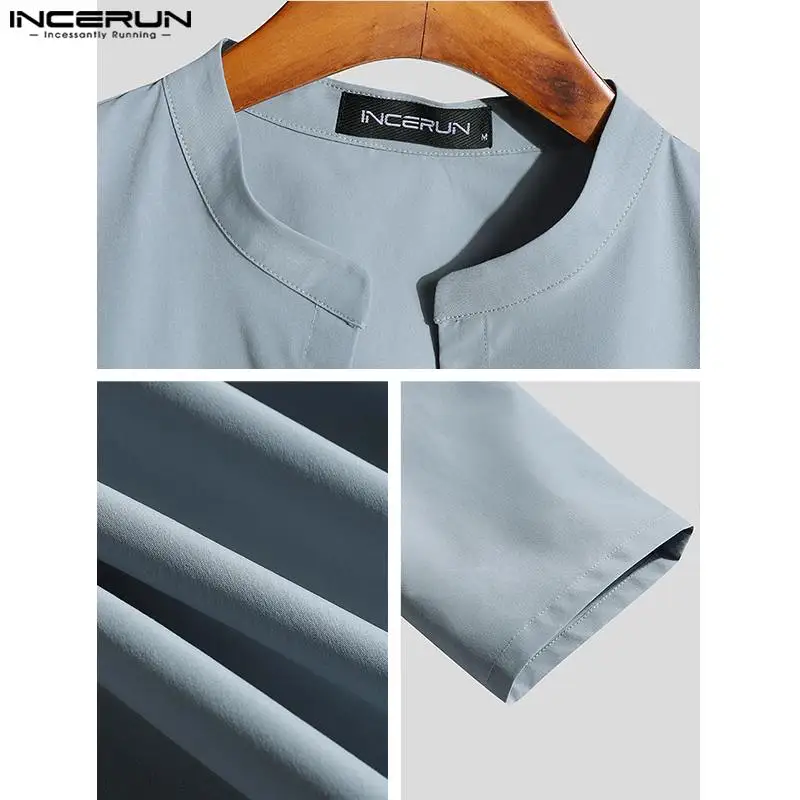INCERUN Tops 2022 Casual Party Men's Fashion Hollow Stand-up Collar Solid Printing Blouse Male Bubble Long-sleeved Shirts S-5XL