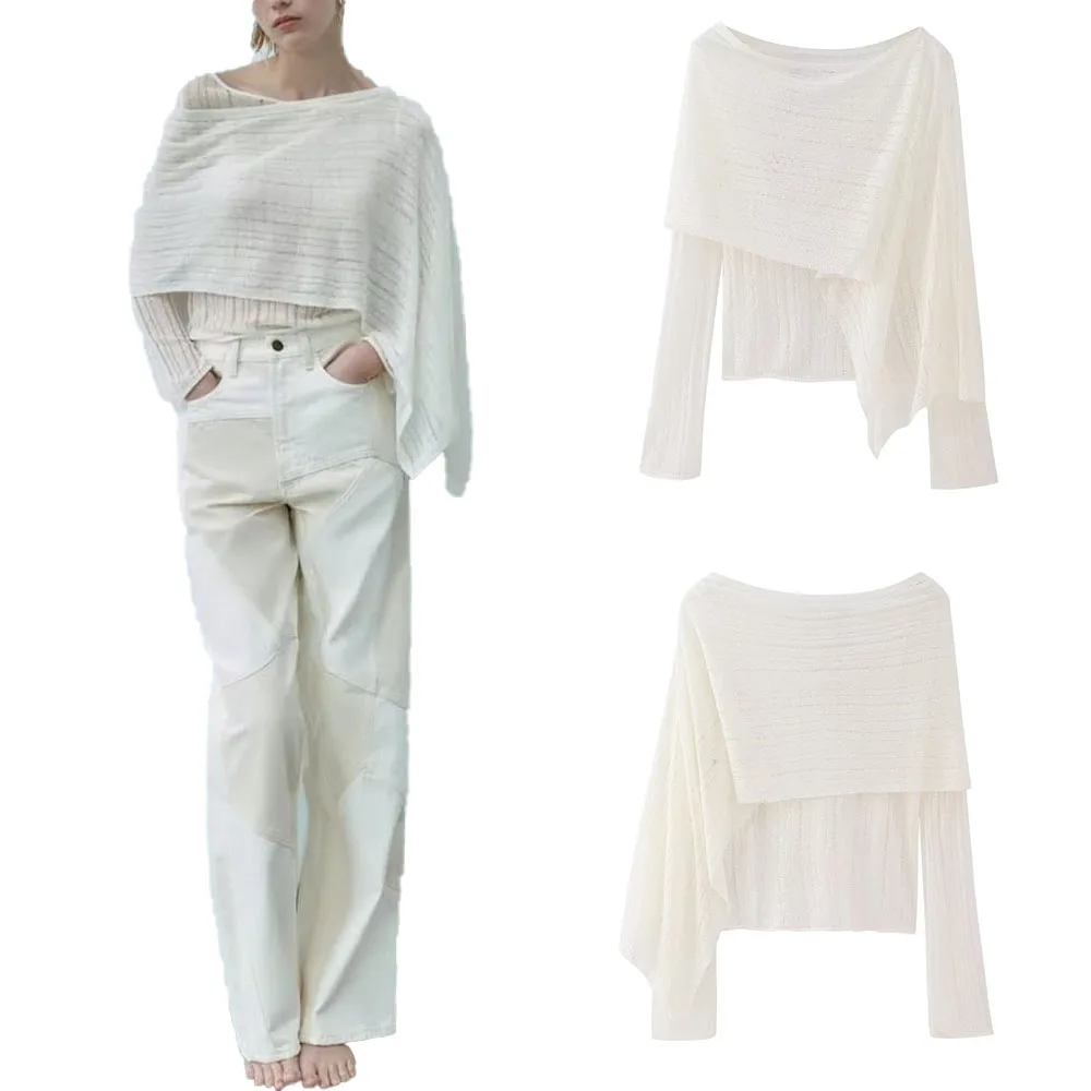

New elegant temperament female casual all-match asymmetrical layered cloak translucent knitted top