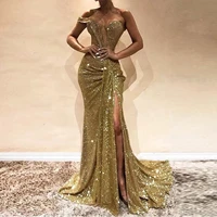 gold sequins evening dresses custom made one shoulder prom party gowns sexy deep v neck side split robe de mari%c3%a9e custom made
