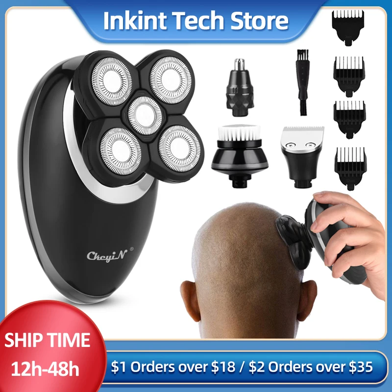

CkeyiN 4 in 1 Bald Men Shaver 5 Blade Floating Shaving Bald Trimmer Rechargeable Electric Clippers Hair Cutter Barber Machine
