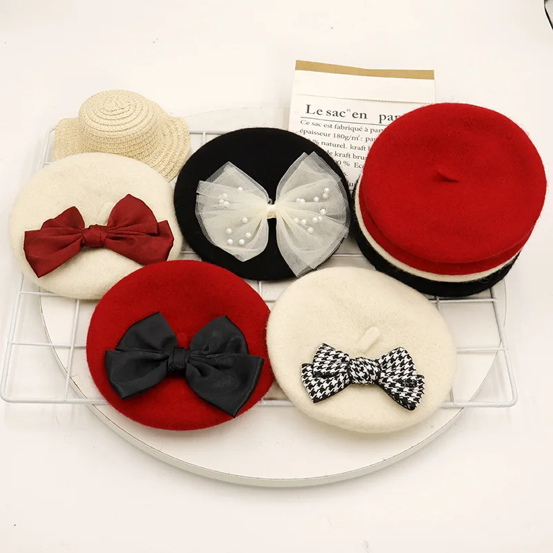 

Dog Pet Beret Lace Bowknot Hat for Dogs Clothes Cat Plaid Print Japanese Korean Headdress Fashion Girls Yorkshire Accessories