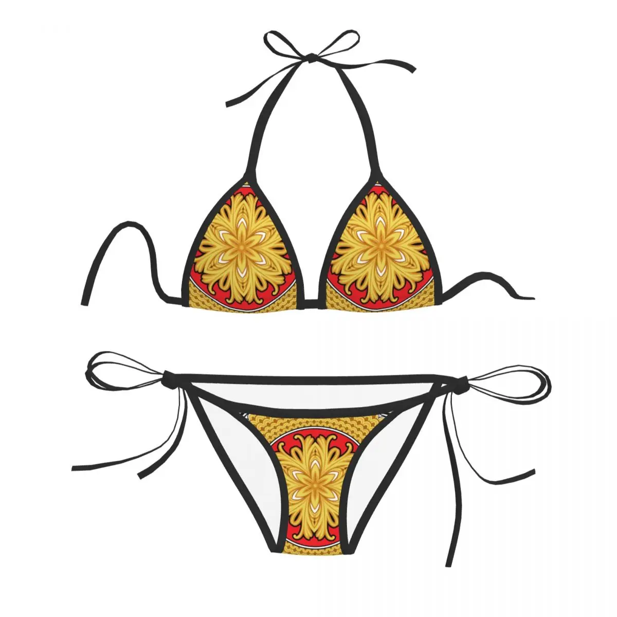 

Women Triangle Swimsuit 2-piece Lace-up Bikini Set Ladies Sexy Halter Swimwear Pushup Golden Baroque Biquini