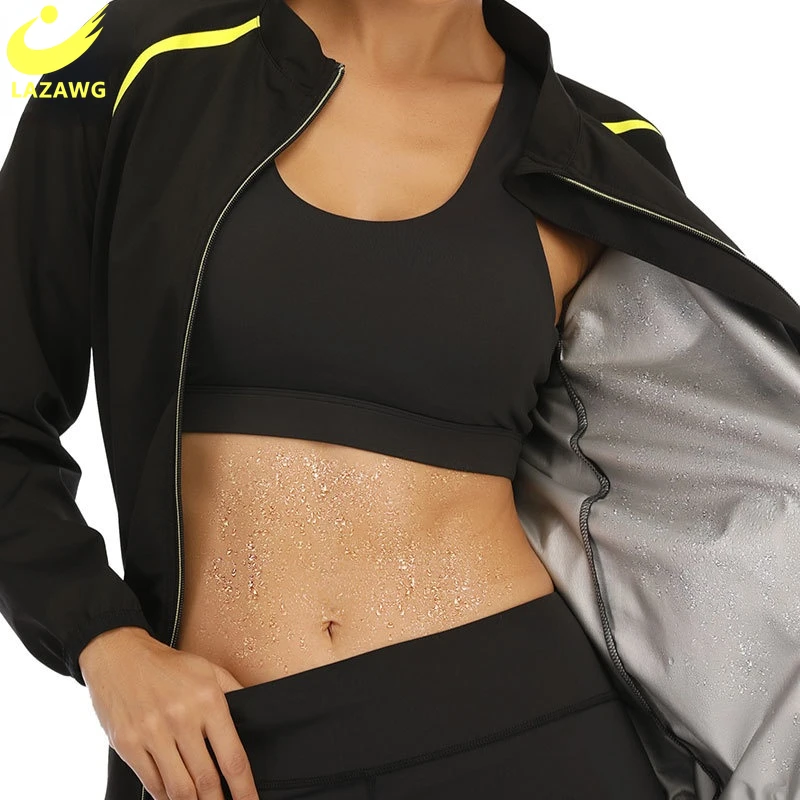 

LAZAWG Sauna Suit for Women Sweat Long Sleeve T Shirt Sport Top Thermo Workout Shaper Slim Yoga Zipper Gym Fitness Waist Trainer