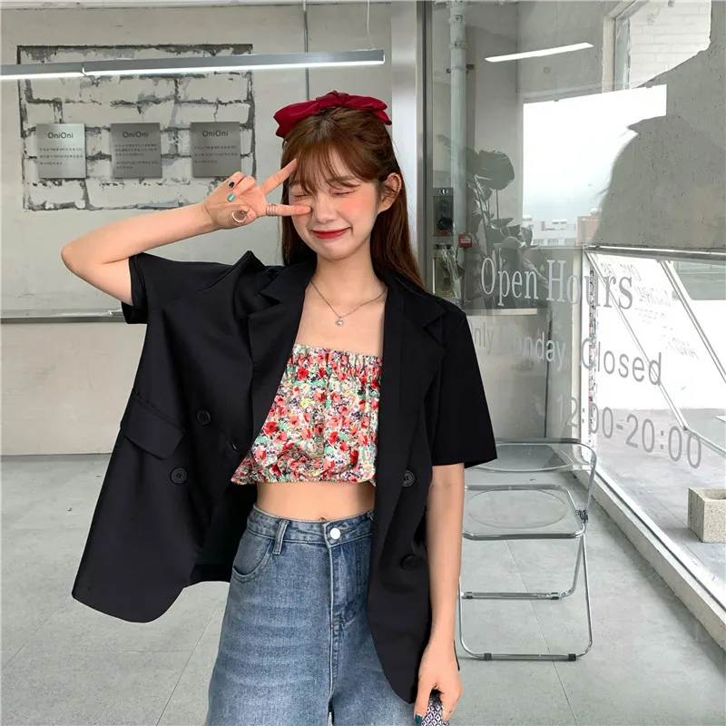 Spring Summer Korean Fashion Chic Casual Blazer Women Cute Streetwear Commute Short Sleeve Blazer Preppy Style Clothes Work Wear