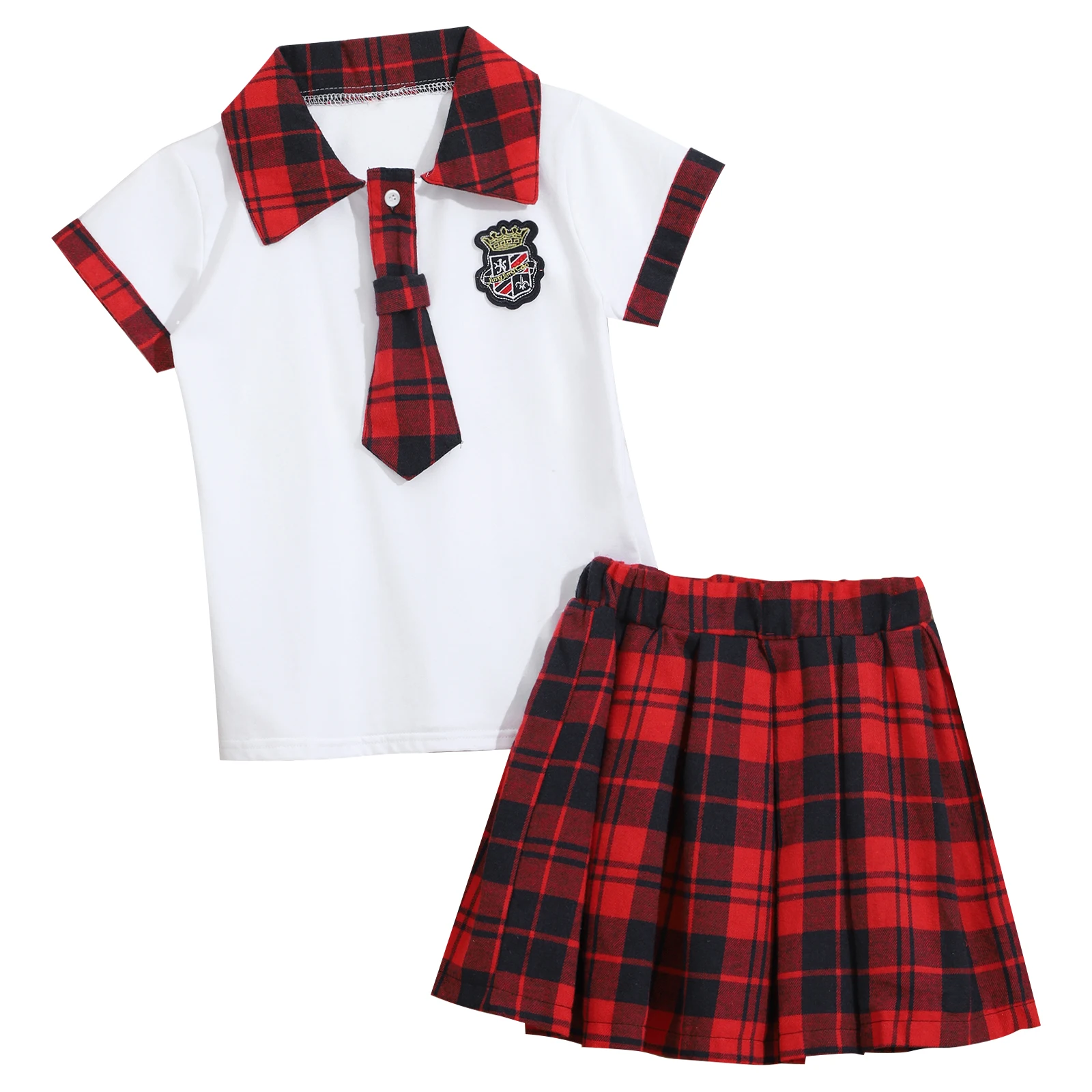 

Summer Two Piece Kids Girl Academic Style Uniforms Short Sleeve Plaid Turndown Collar Tie Front Top with Plaid Skirt School Wear