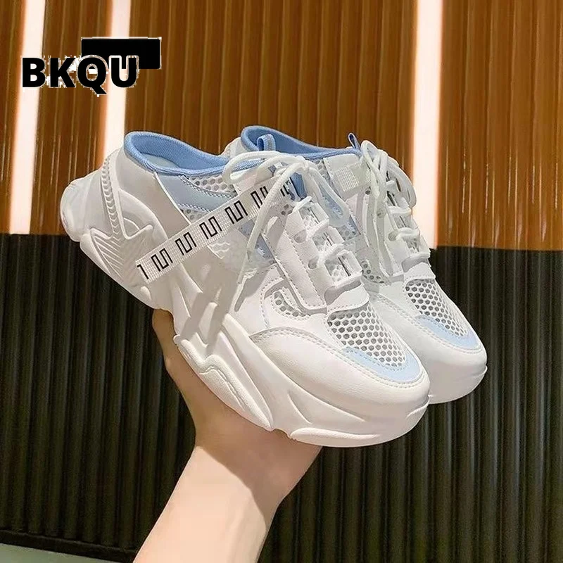 

Женские кроссовки без задника, дышащие сетчатые, на шнуровке, Вулканизированная подошва, повседневная обувь для отдыха, сланцы