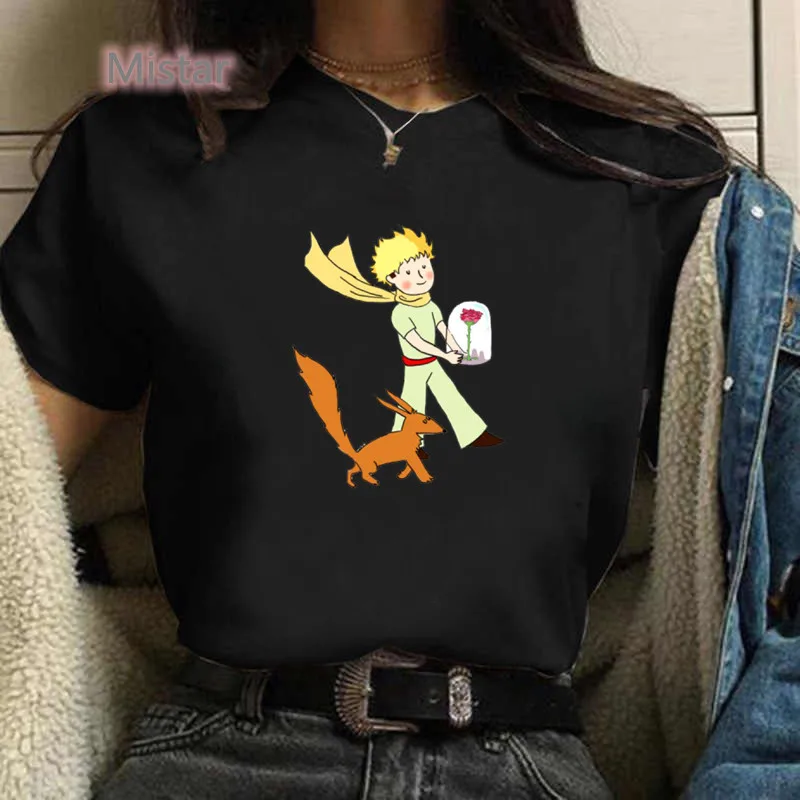 

Women T Shirt The little Prince Printed T Shirt Fox and rose Tops Female Vintage Tee Shirts 90s Ladies Graphic T-shirt Tops Tee