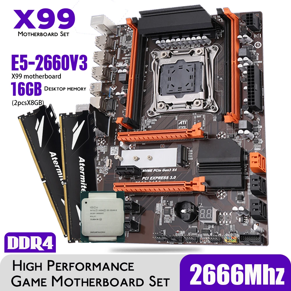 

Комплект материнской платы Atermiter X99 Turbo DDR4 D4 с процессором Xeon E5 2660 V3 LGA2011-3, 2 шт. X 8 ГБ = 16 Гб 2666 МГц ОЗУ, память для настольного компьютера