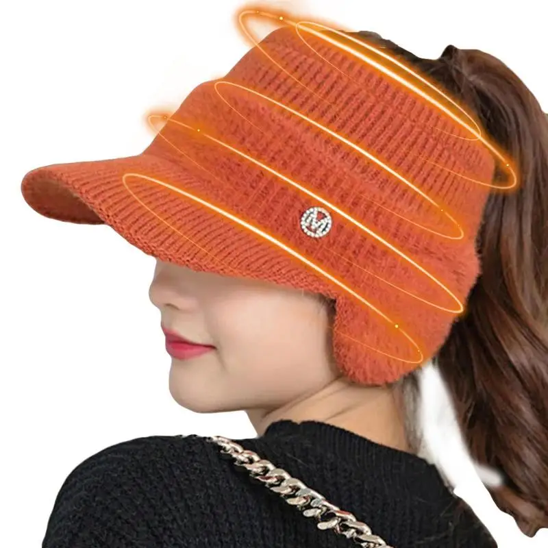 

Women's Fashion Ear Guard Knit Cap Autumn Women Beanies Girl Ponytail Hat High Messy Warm Stretch Cable Knit Winter Visor Beanie