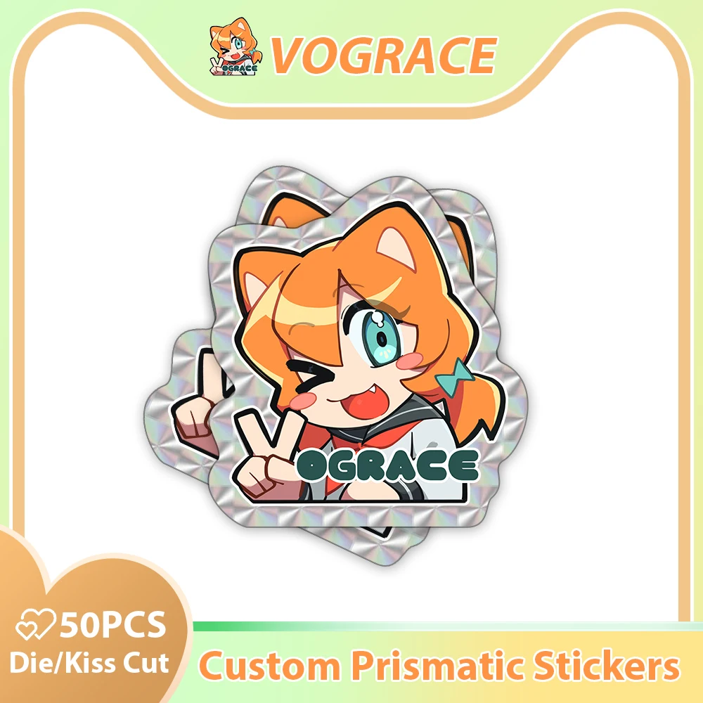 

Vograce Custom Prismatic Stickers Vinyl With Logo Name Label Waterproof Transparen Die Kiss Cut Kawaii Cute Laptop sticker