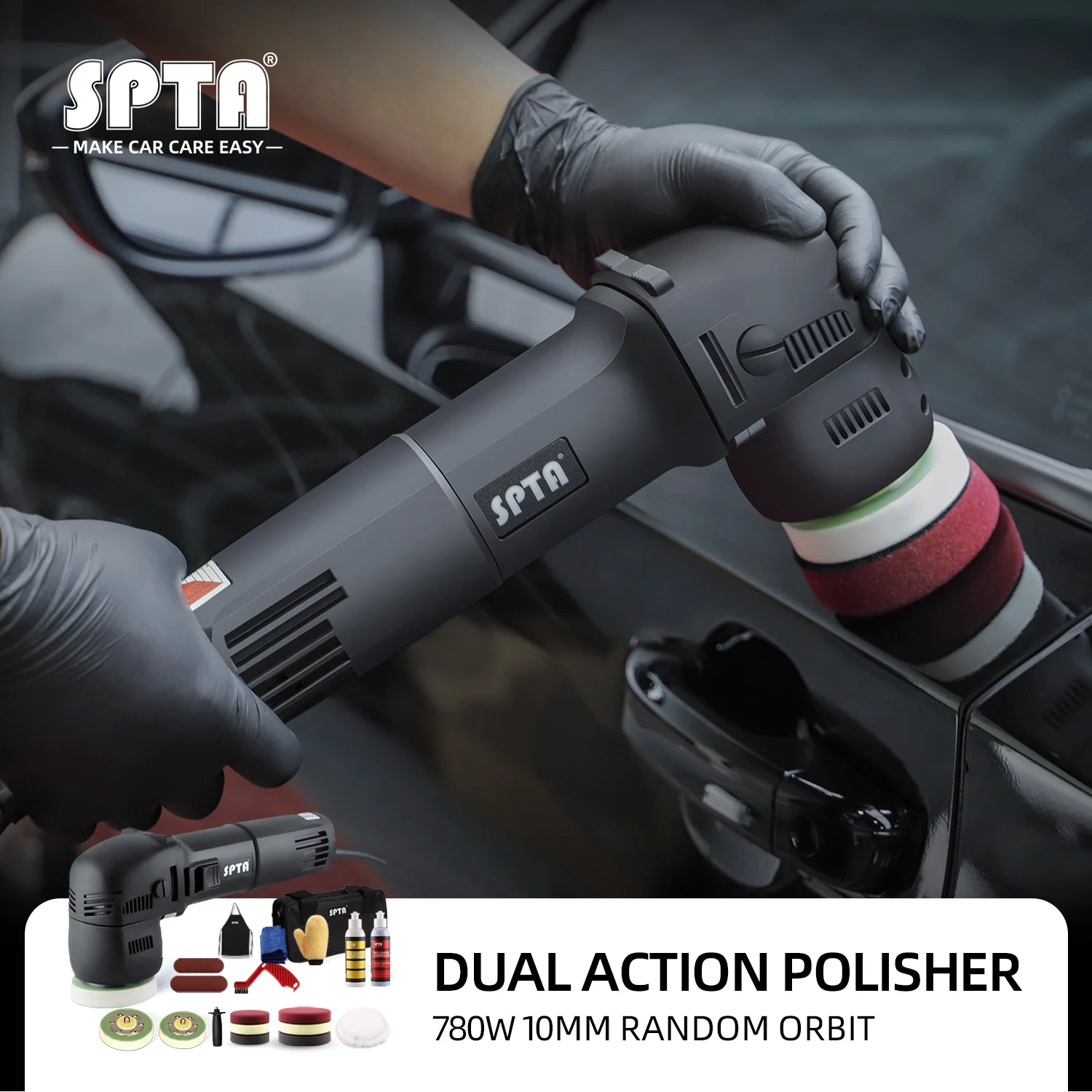 SPTA 3 inch Random Orbit 780W Dual Action Polisher Variable Speed Mini Electric Machine Sponge Pad Buffering & Accessories