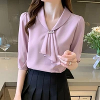 office lady v neck ruffles spliced elegant blouses summer new womens clothing solid color stylish beading half sleeve shirt