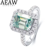 14k White Gold 2.7ct Carat Emerald Cut Engagement Wedding Halo Ring for Women Green Moissanite Diamond Ring Set Test Positive