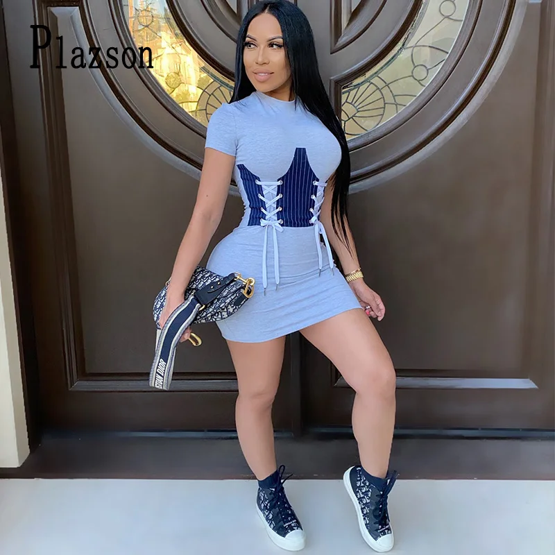 

Plazson Summer Bodycon Party Dresses Women Sexy Clubwear Mini Dress Patchwork Short Sleeve Basic Female Vestidos платье Outfits