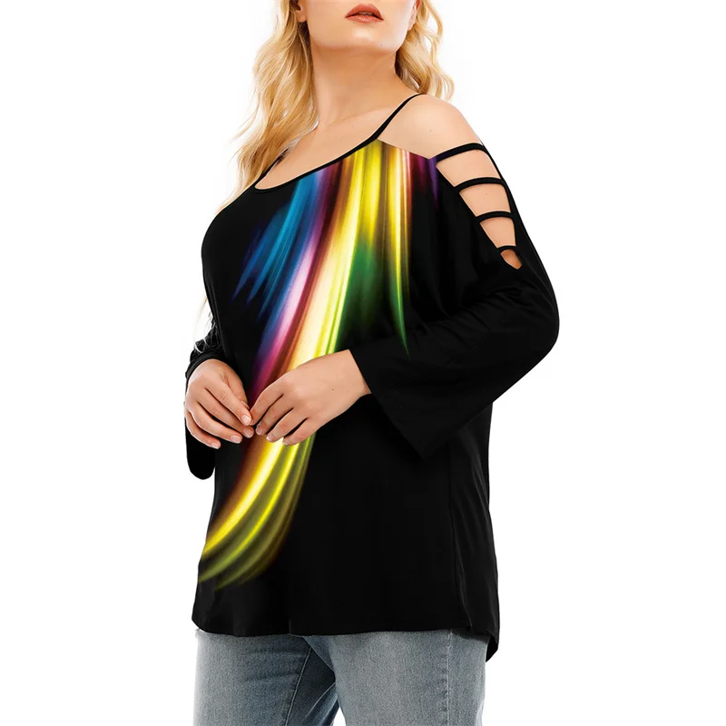 Colorful Curvy Plus Size Ladder Cutout T Shirt Fashion Trend Big Sizes Womans Tops Long Sleeve Bulk Woman Clothing Wholesale