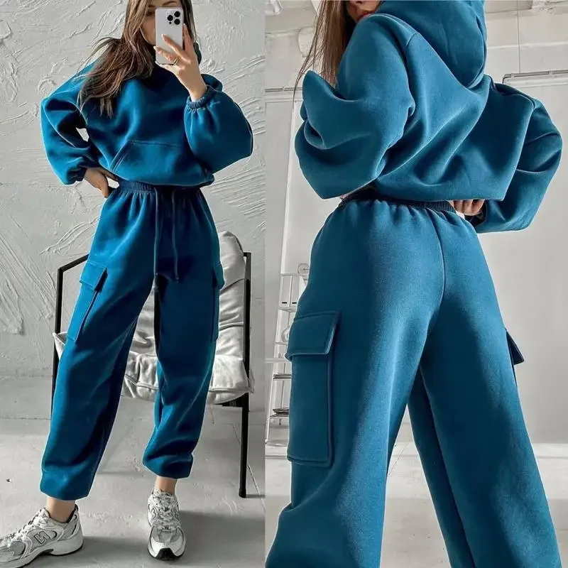

Autumn and Winter soild Women's New Fashion Sports Casual hoddies set Y2K Style American Retro Two Piece Set streetwear suits