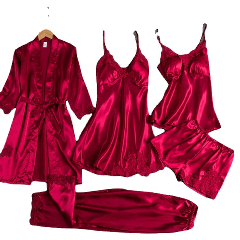 5PCS/Set Women Satin Pajamas Sexy Lace Bathrobe Nightdress Camisole Shorts &Pants Glossy Sleepwear Loungewear Ladies Nightgown
