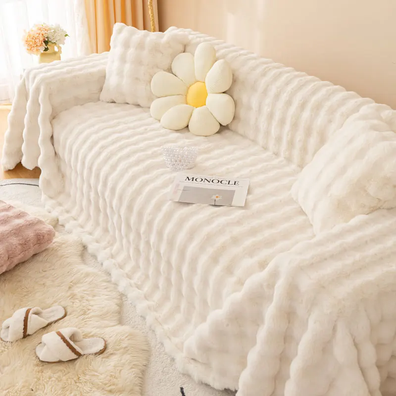 

Premium Faux Rabbit Plush Sofa Towel Throw Universal 1/2/3/4 Seater Thick Super Soft Couch Slipcover Warm Armchair Cover 1 Piece