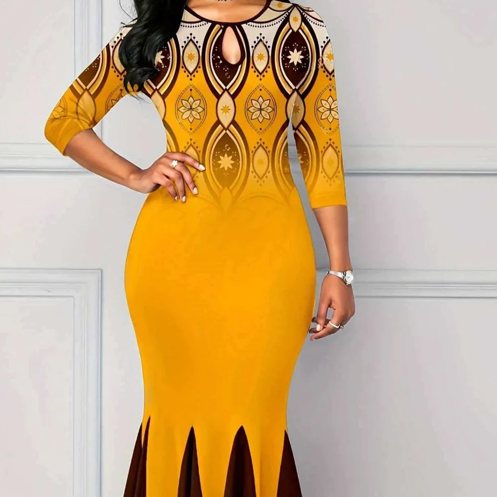 Женское облегающее платье с круглым вырезом Элегантное черно-оранжевое в стиле