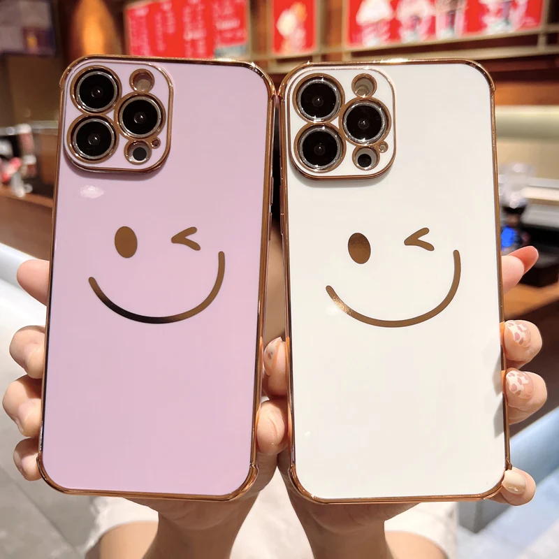 Luxury Phone Case For iPhone 14 13 12 11 Pro X XR XS Max 7 8 Plus SE2020lectroplated Smile Face Cute Side Pattern Soft TPU Cover