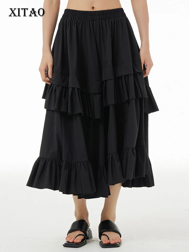 

XITAO Europe Ruffles Patchwork Solid Color women Skirt Elastic Waist Loose Appear Thin Pleated 2023 Summer Women Skirt HQQ0506