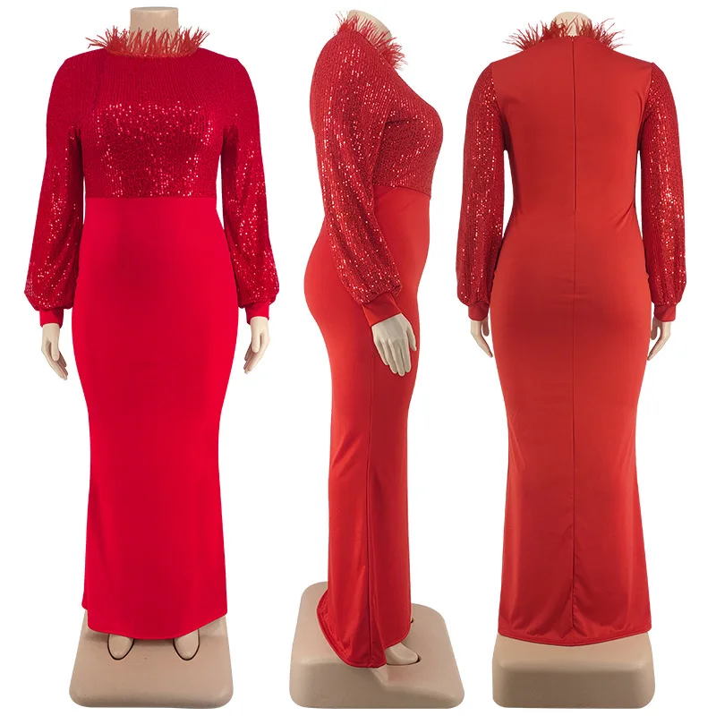 Plus Size Women Clothing Temperament Dresses Embroidery Sequined Beads Maxi Dress Elegant Trumpet Dresses Who 3xl 4xl 5xl 6xl