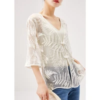 shuchan new fashion thin see though women shirts blouses button up natural silk embroidery v neck beach style