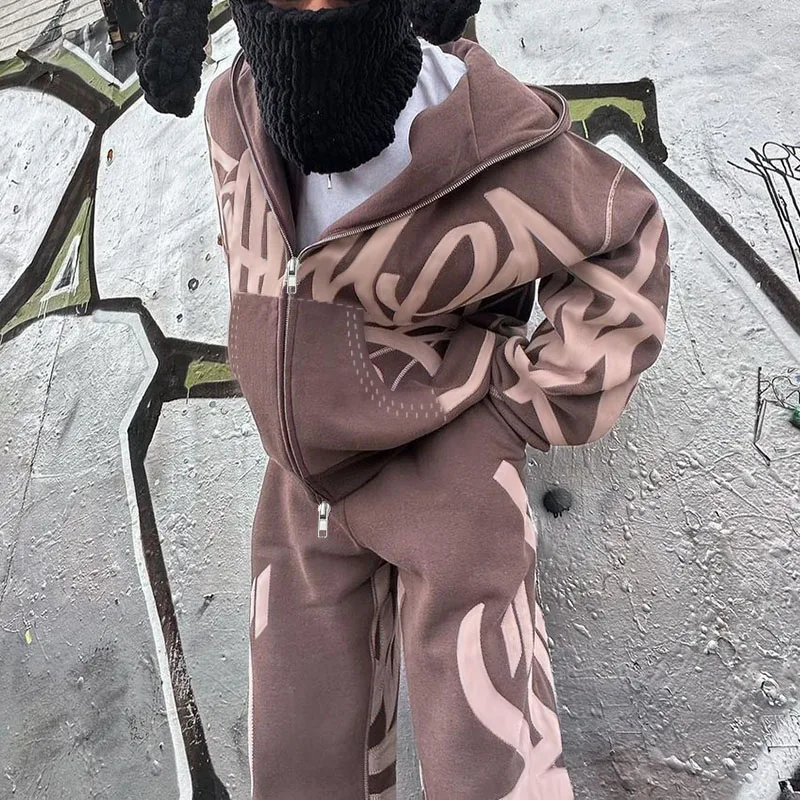 Женский Повседневный костюм с капюшоном куртка принтом и эластичные штаны на