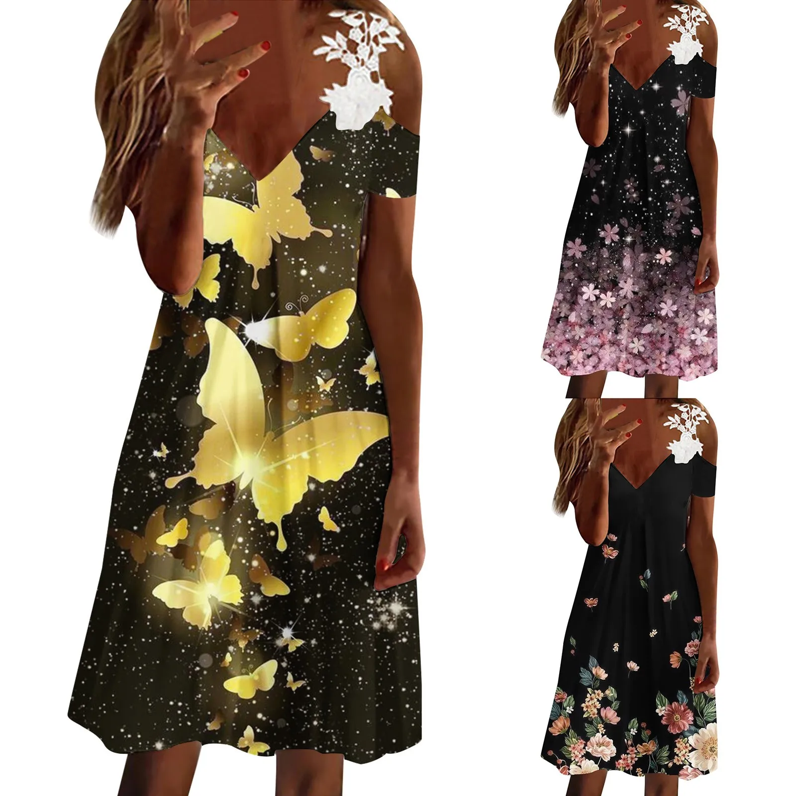 

Женское кружевное платье с цветочным принтом, повседневное Хлопковое трикотажное платье на бретельках с коротким рукавом