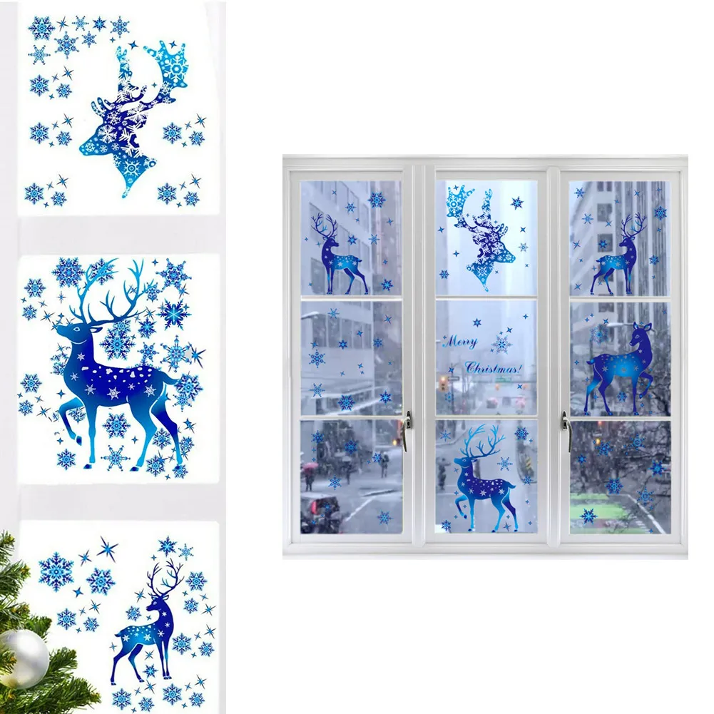 

1 Set Decorate Sticker Vinyl Art Glass Sticker Glue-free PVC Removable Blue Reindeer Christmas Clings Decal Decor