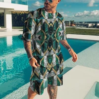 summer new 3d geometry print t shirt shorts suit casual two piece street fashion beach style oversized o neck mens clothing