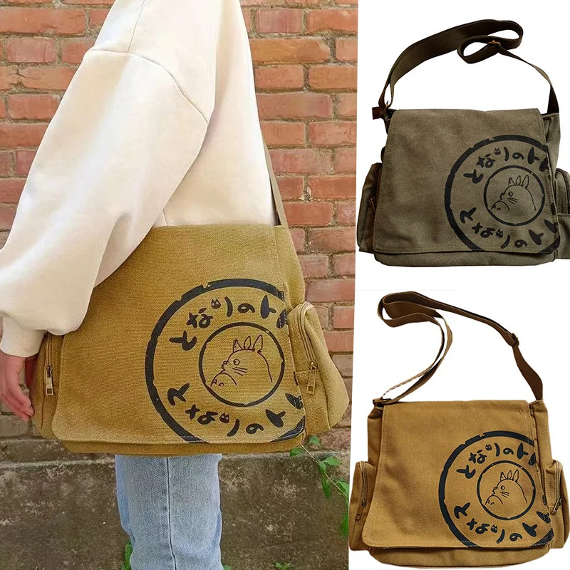 New 2023 Japanese My Neighbor Totoro Canvas Messenger Bags Cartoon Students Book Crossbody Bags With Mutiple Pockets