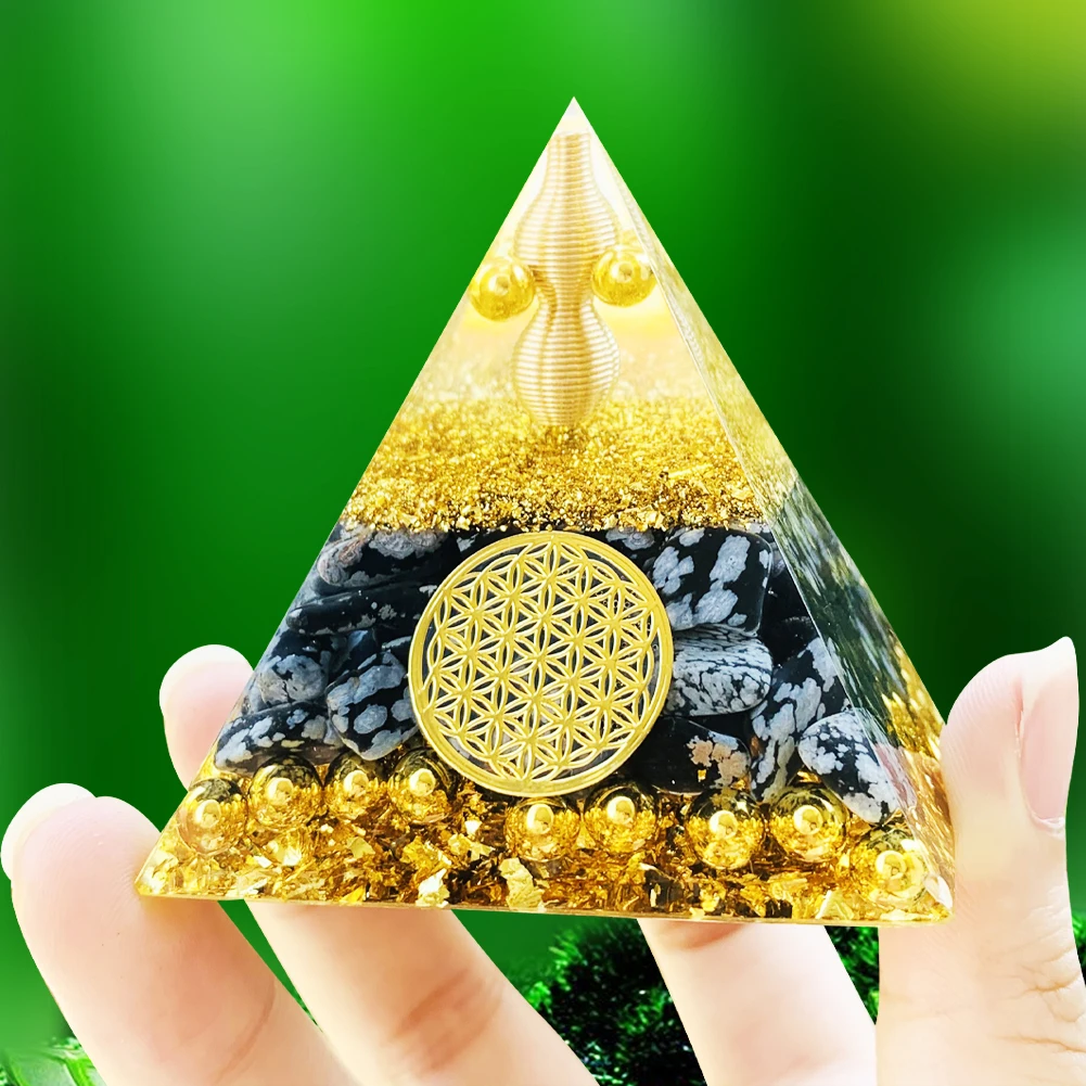 

Mysterious Geometry Flower of Life Orgonite Chakras Egypt Pyramid Natural Obsidian Gemstone Quarz Goldleaf Crafts Ornament Decor