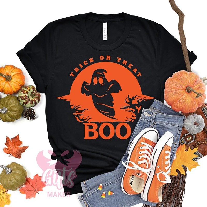 

Trick or Treat Boo Spooky Wicca Halloween T Shirt Women Orange Colour Witchy Graphic Tshirts Causal Loose Cotton Female Clothing