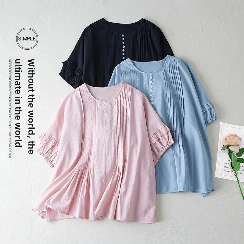 Летняя милая складка-аккордеон с круглым вырезом хлопково-льняная свободная