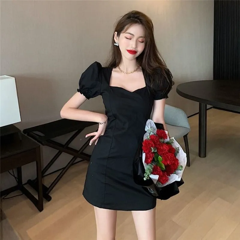 

Black Women Straight Dresses Summer Puff Short Sleeve Fashion Short Dress Korean Version High Quality Streetwear Mini Dress