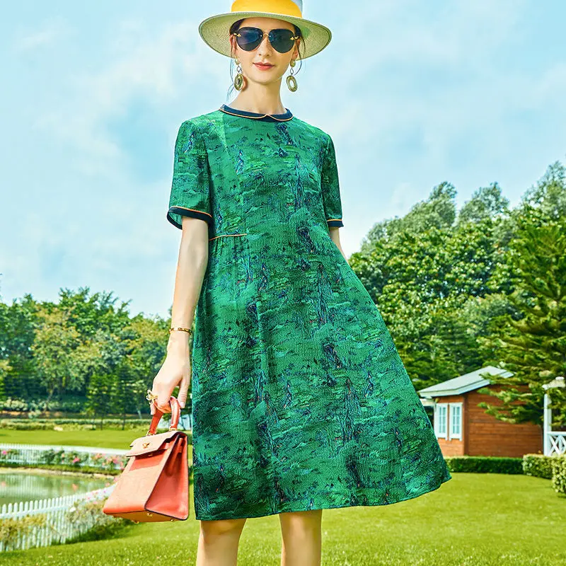 Тяжелое шелковое платье для женщин лето 2022 тонкая юбка с чернильным принтом