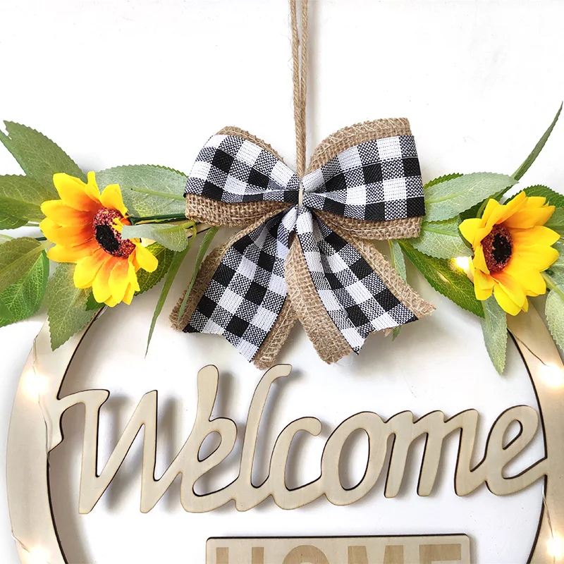 Welcome Hello Sign Wreath Door Hanging With LED Light Spring Sunflower Artificial Home Wedding Party Decor |