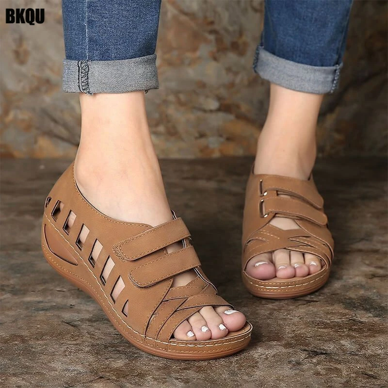 

Women Hollow Out Wedges Sandals 2022 Summer Woman Hook Loop Solid Slides Women's Casual Retro Shoes Female Footwear Plus Size