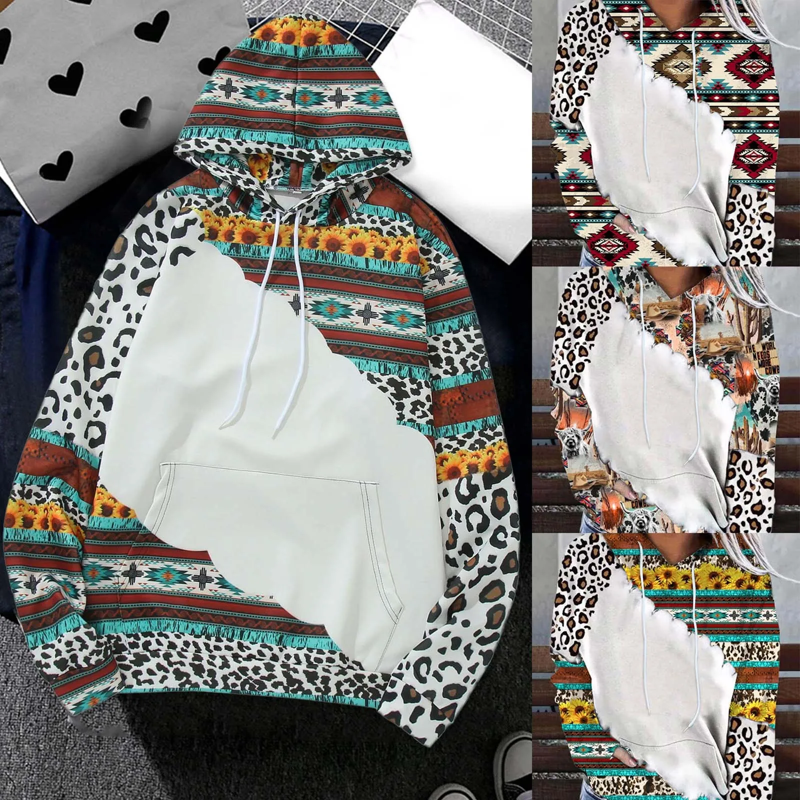 

Women Hoodie Sweatshirt Tops Women Patchwork Retro Print Drawstring Hooded Sweatshirt Pullover Womens Dressier Sweatshirts