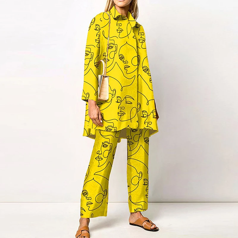 

Женский офисный костюм из двух предметов, пиджак с длинным рукавом и отложным воротником и брюки с широкими штанинами, модный костюм с принт...