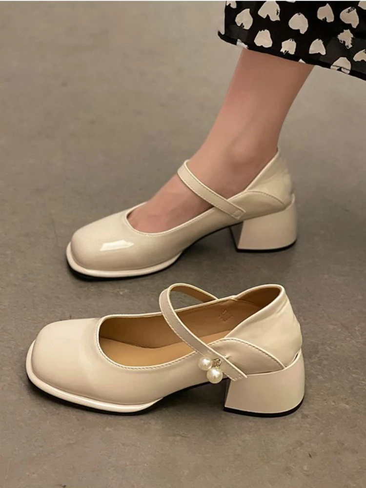 

2023 Summer Pure Color Fashion Party Shoes Non-slip Vintage Korean Style Shoes Office Lady Casual Elegant Heels Mary Janes Chic