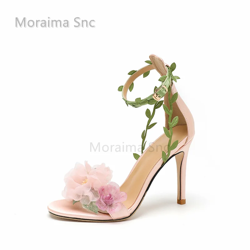 Chiffon Flowers Leaves Vine High Heels Sandals for Women Cover Heel Stiletto Shoes Female Open Toe Buckle Strap Sweet Party Shoe
