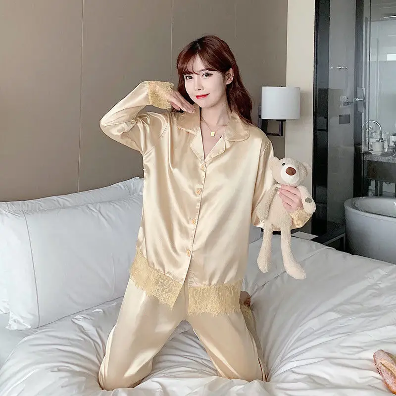 Women's Lace Pajama Set Spring Autumn Thin Sexy Two Piece Set Loose Long Sleeve Home Suit Summer Sleep Top Solid Color Fashion