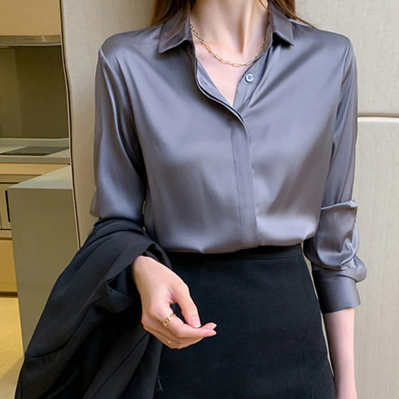 

Satin Long Sleeve Blouses Women 2023 Vintage White Silk Shirt Casual Loose Button Up Female Shirts Fashion Tops Camisas E Blusas