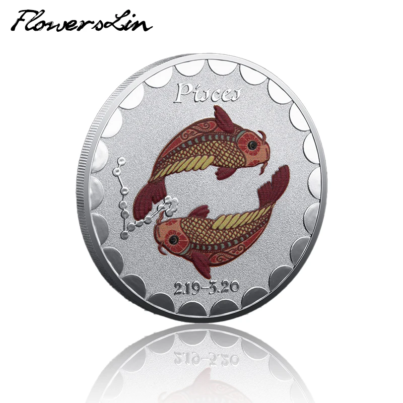 

Памятная монета с цветами, рыбами, судьба, двенадцать созвездий, дата 2,19-3,20, Посеребренная монета на удачу, металлический значок, коллекционный